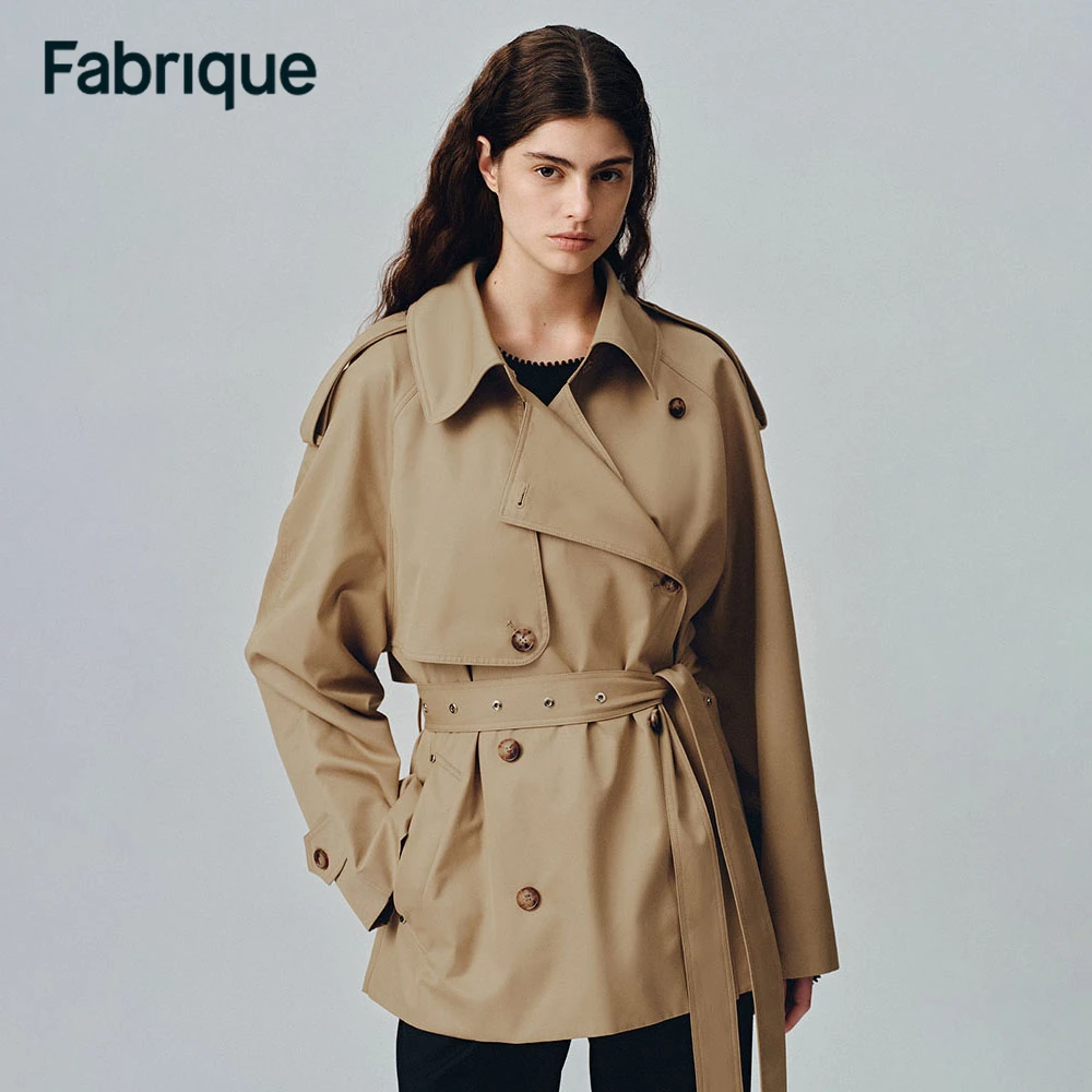 【Fabrique】 Lina 早春新款卡其色纯棉宽松双排扣腰带法式短款风衣