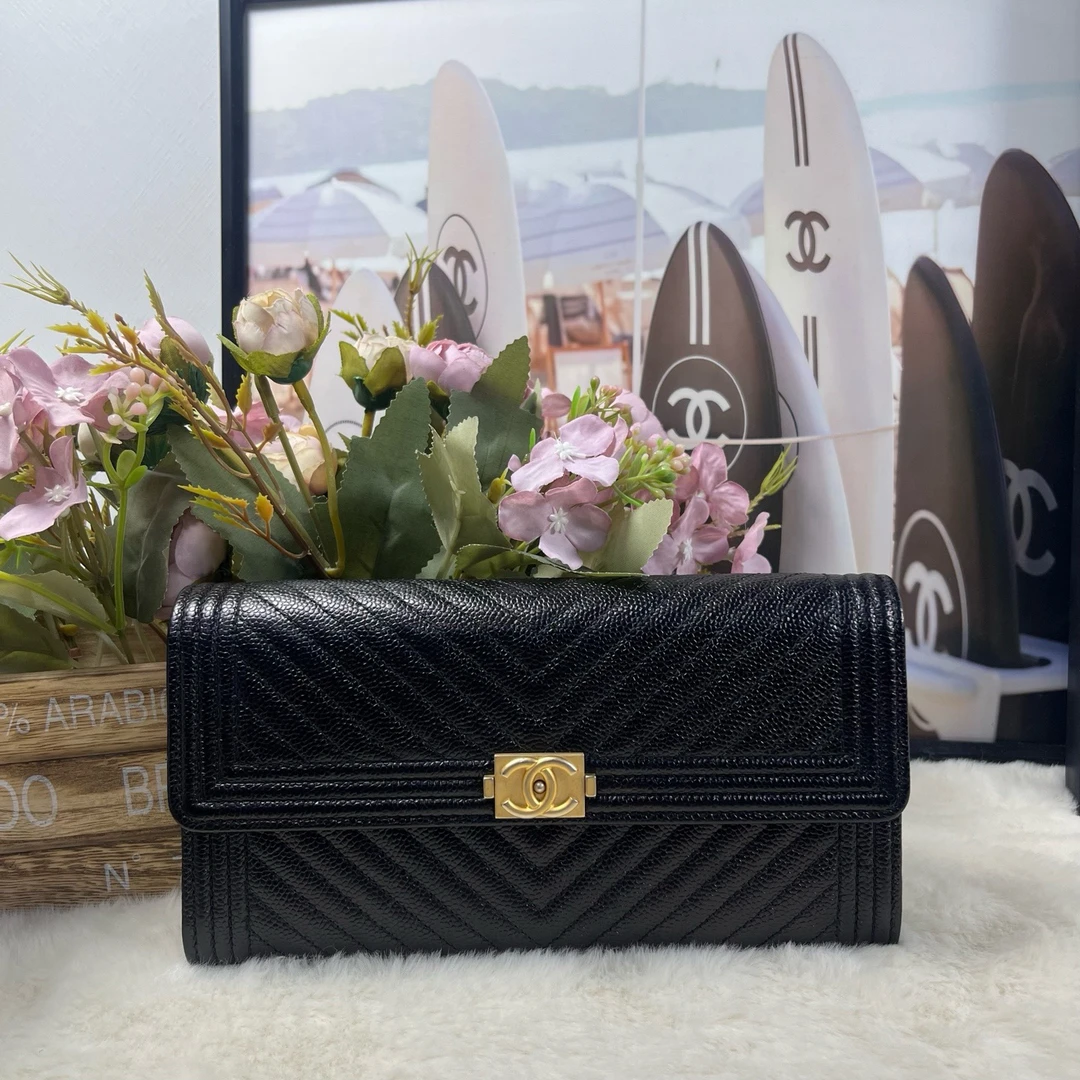 99新 Chanel/香奈儿 黑金荔枝牛leboy长款钱包(25开大全套)