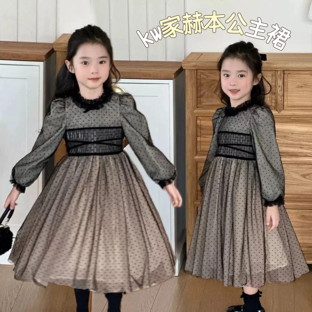 kw家女童法式赫本风波点长袖连衣裙秋冬网纱生日表演洋气礼服裙