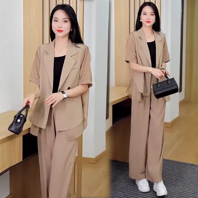 时尚套装女2025夏季新款时髦洋气女神范西服衬衫阔腿裤西装两件套