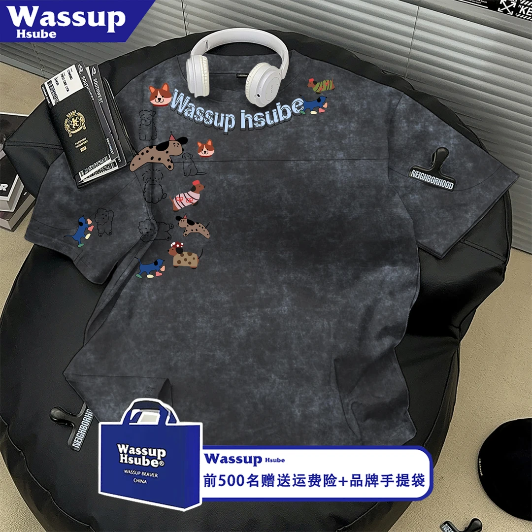 WASSUP HSUBE美式印花短袖T恤休闲夏季男女简约宽松扎染纯棉半袖