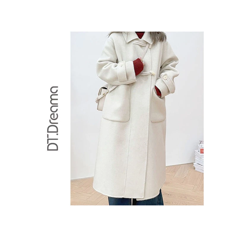 秋冬新款时尚气质显瘦中长款牛角扣大衣女毛呢外套宽松韩版呢子