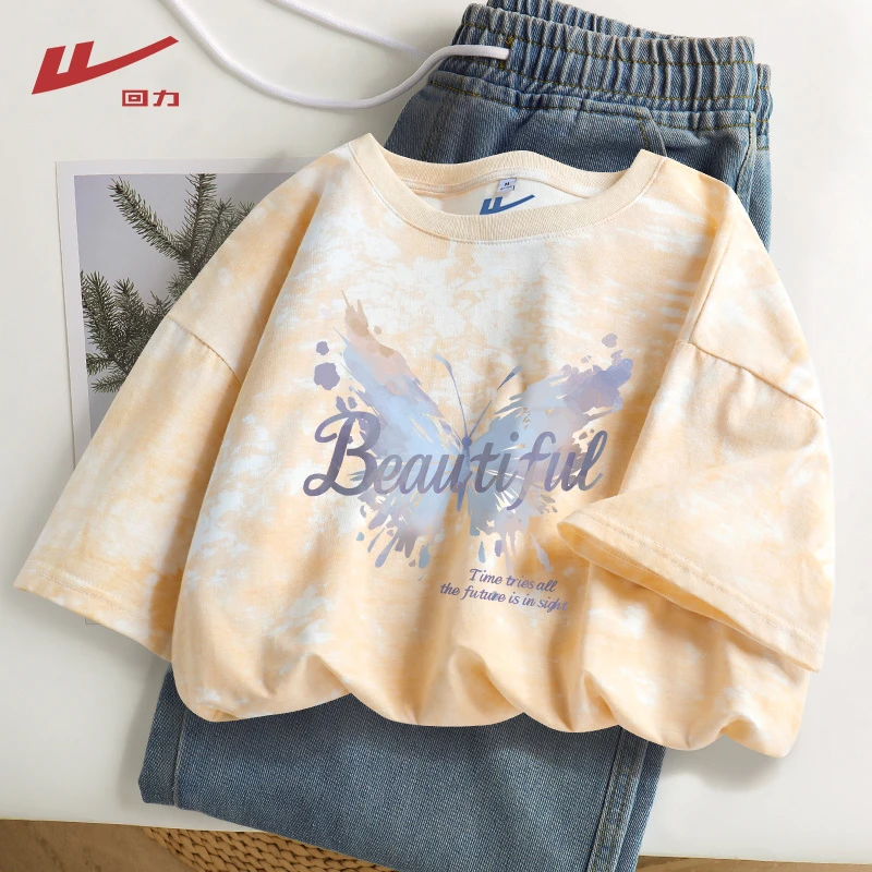 回力染短袖T恤女夏季2025新款纯棉休闲t恤小个子上衣夏装学生半袖