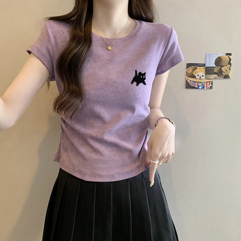 夏季新款紫色扎染正肩短袖t恤女甜辣褶皱收腰修身显瘦短款上衣ins