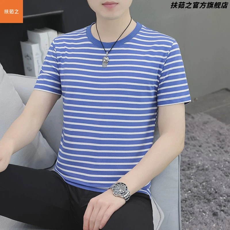 夏季条纹男士短袖体恤品质复古海魂衫青年男装海军恤半截袖汗衫