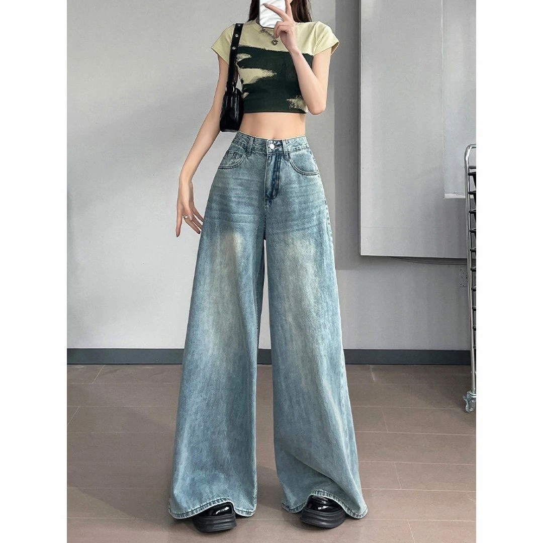 浅色复古高腰阔腿牛仔裤女夏季薄款宽松垂感显瘦大码直筒大摆拖地