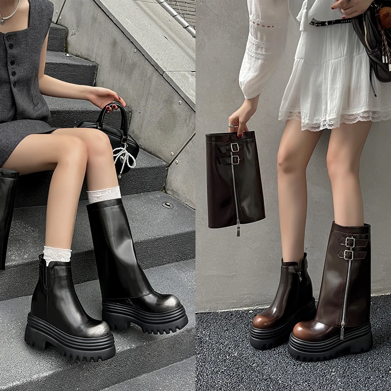 小个子增高12-15CM断码隐形款牛皮靴百搭时尚时装靴新款爆款女