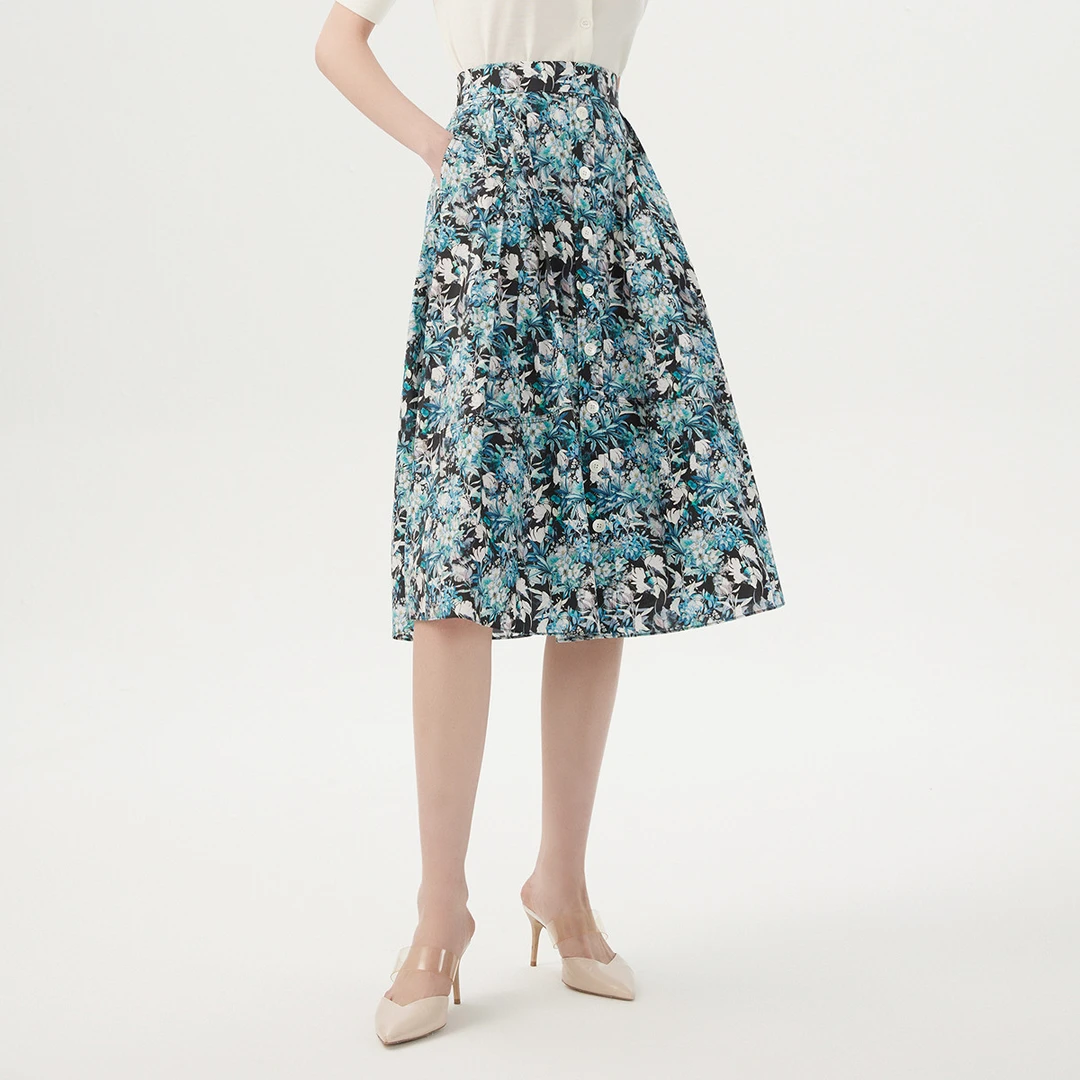 LANCY/朗姿【专柜同款】夏季款纯棉印花高腰中长裙半身裙伞裙收腰