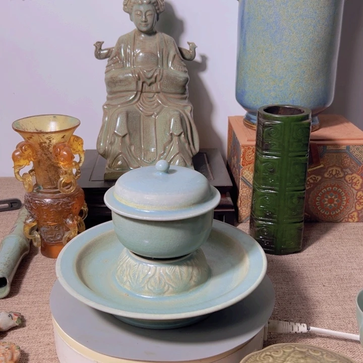 陶天青釉汝窑茶盏摆件摆件
