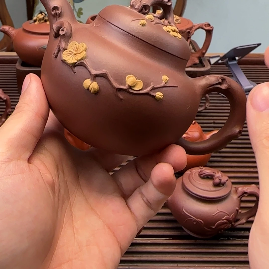 三***光紫砂茶壶全手工梅花茄段紫泥