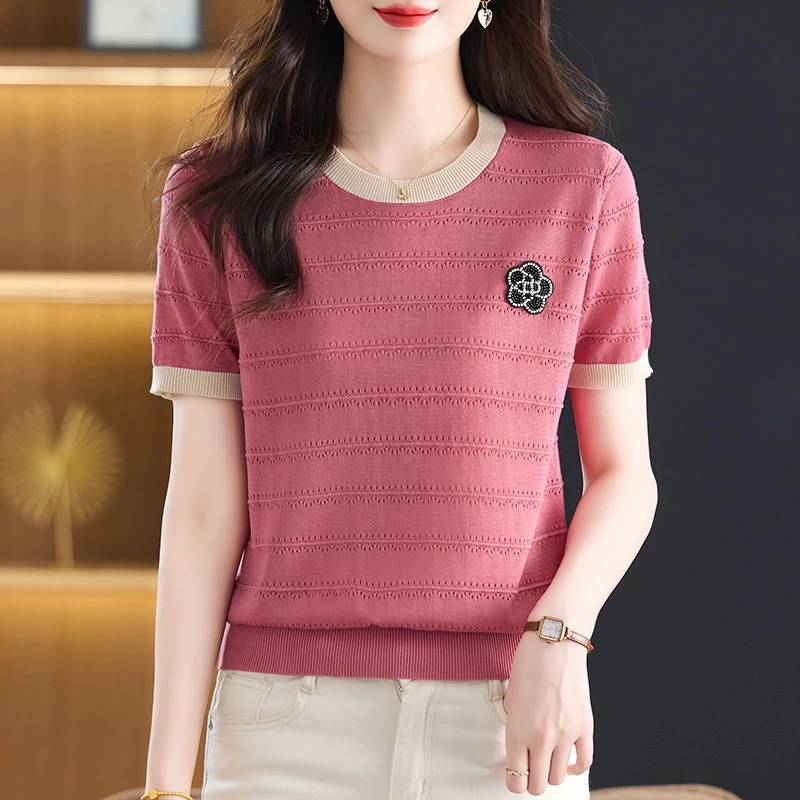 夏季新款女士圆领天丝短袖T恤洋气宽松显瘦针织薄款妈妈大码上衣2