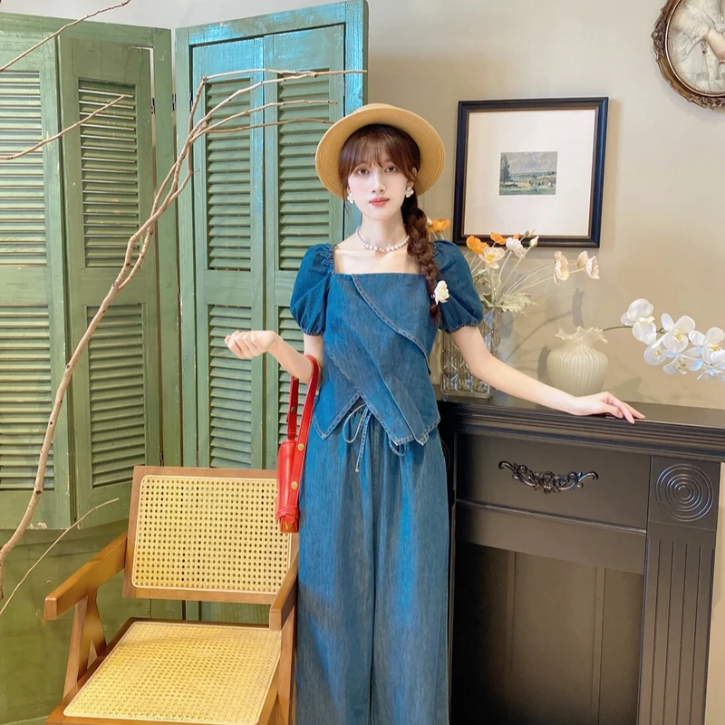 洋气方领牛仔小衫高腰直筒裤套装时尚显瘦两件套套装SZ1906162