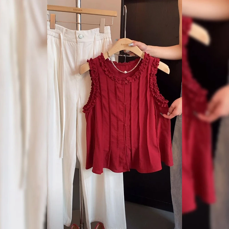 红色短款背心衬衫上衣女士2025夏季新款无袖小衫洋气减龄衬衣女装