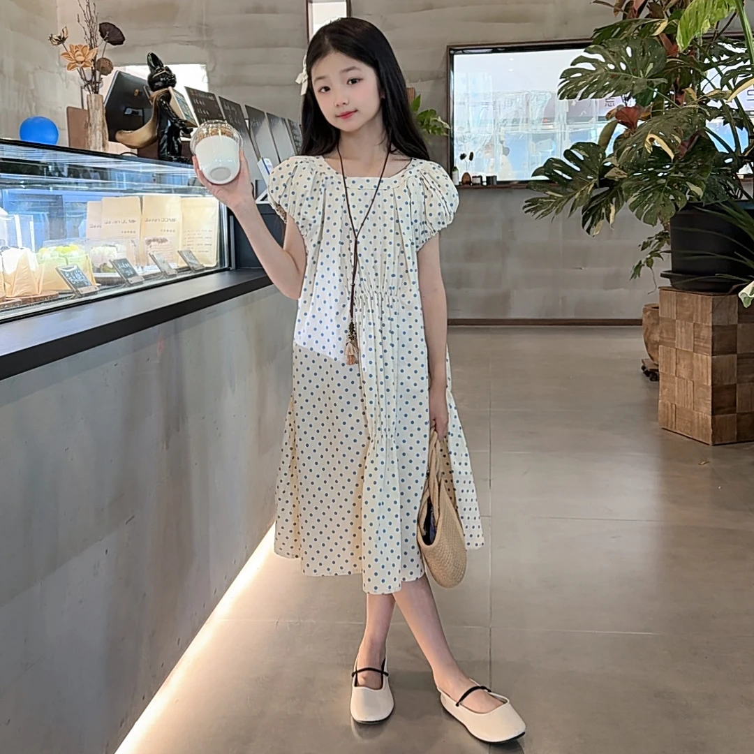 女童连衣裙夏季2025新款儿童洋气时髦夏装女大童灯笼袖圆点裙子