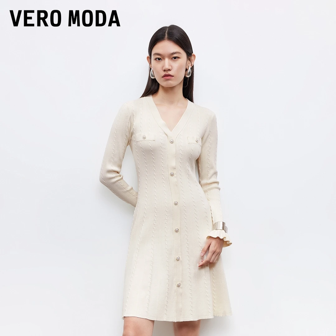 Vero Moda连衣裙2025秋冬新款修身显瘦A字荷叶边针织裙浪漫时尚