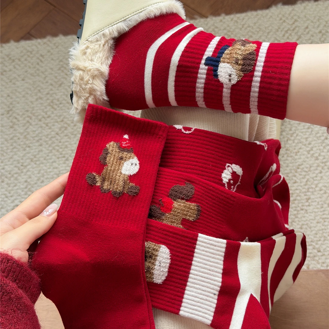 马年红袜子女中筒袜秋冬新款卡通条纹袜属马本命年新年礼物好运袜