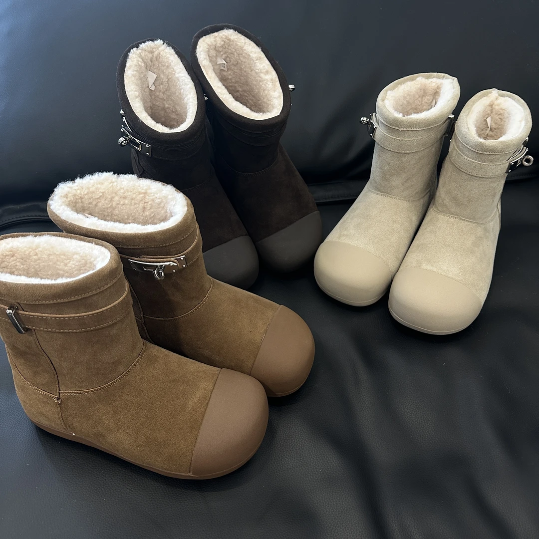 【薛定饿】秋冬三色带扣反绒皮保暖内增高防水台加绒加厚防滑雪地靴