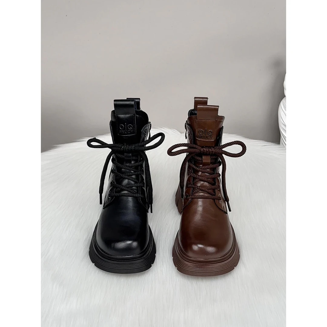 真皮厚底马丁靴女2025新款秋冬季英伦风网红 火百搭显瘦增高短靴