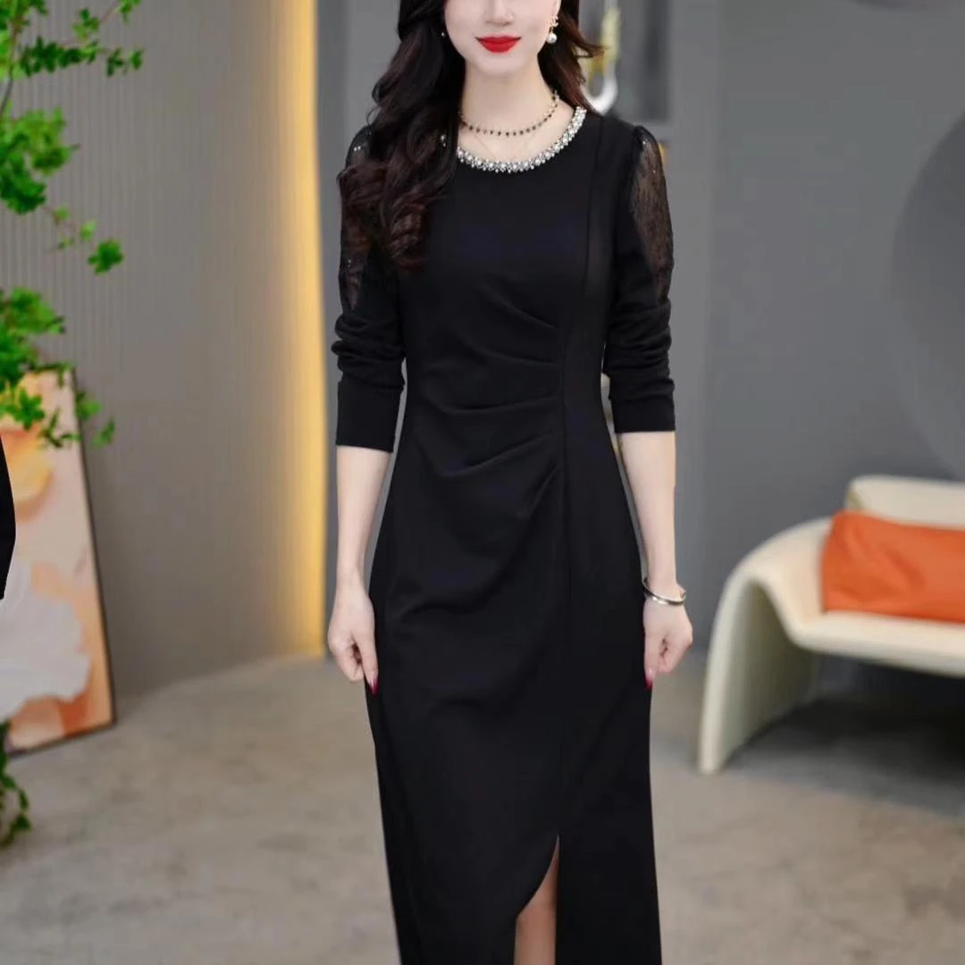 2025秋季女士开叉收腰长袖黑色修身显瘦通勤法式气质连衣裙