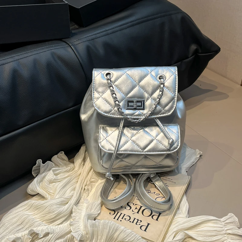 时尚菱格链条包女2025新款小香风小众轻奢双肩包潮流百搭旅游背包