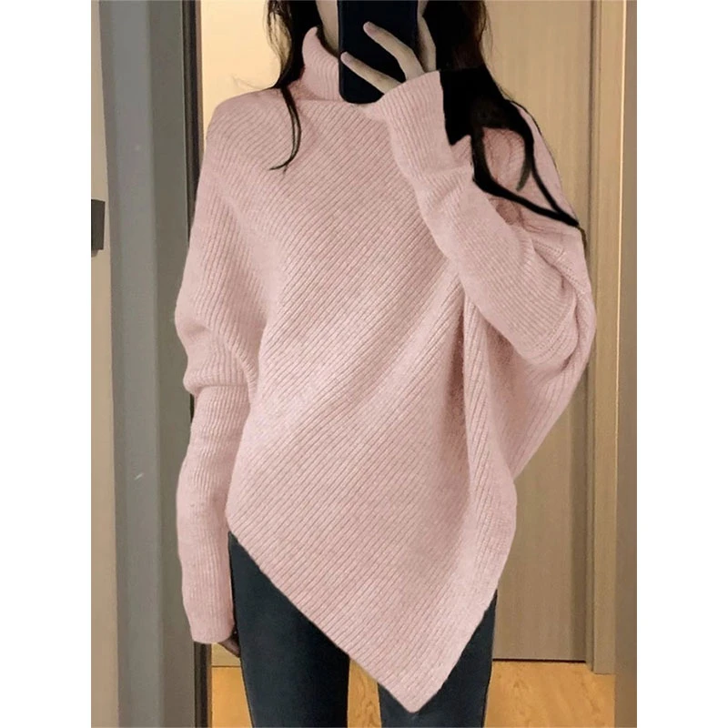 粉色温柔高领不对称毛衣女秋冬加厚套头宽松慵懒软糯针织斗篷上衣