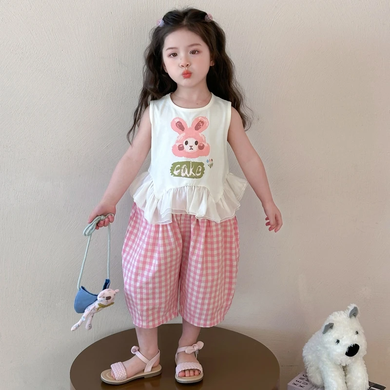 童装套装休闲夏季女童格子洋气女宝上衣卡通动漫外穿卡通风套装