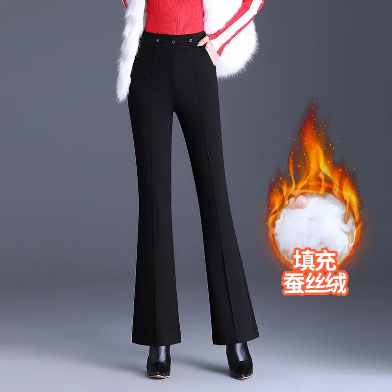 时尚微喇棉裤女加厚保暖蚕丝高腰冬季新款外穿零下抗寒显瘦喇叭裤