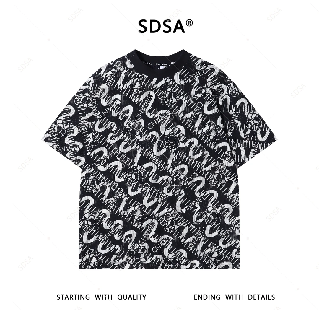 SDSA夏季新款男士痞帅简约撞色提花满印字母圆领短袖T恤潮流上衣