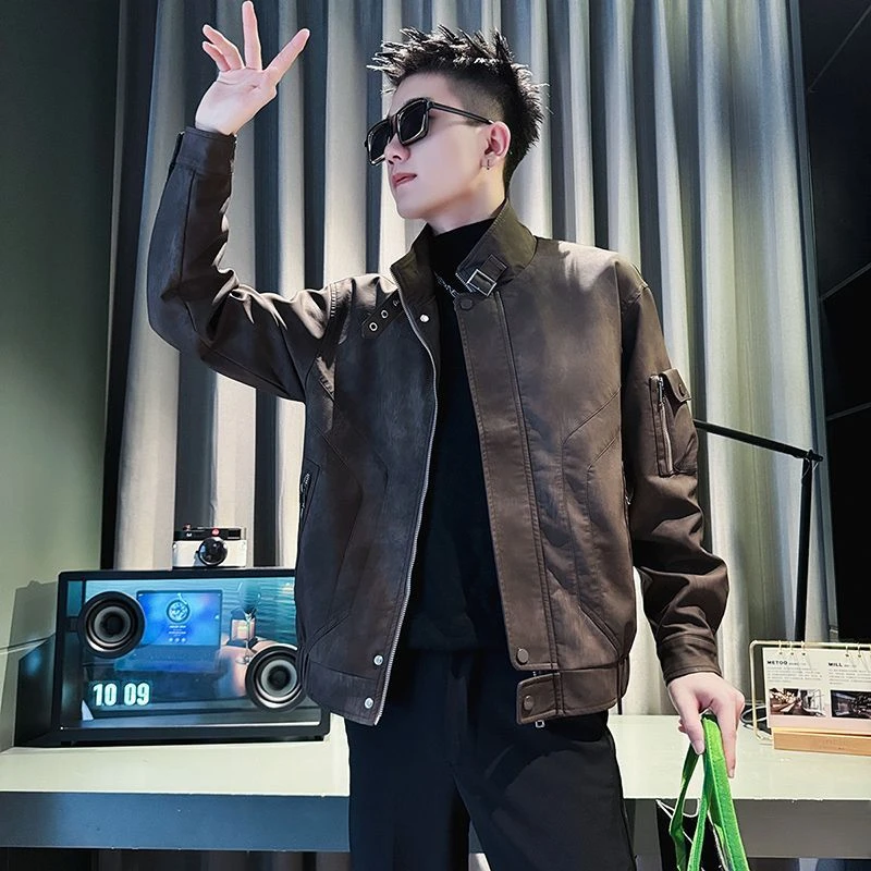 痞帅风皮衣男款潮流帅气加厚款夹克新款巴男荧光绿男士休闲