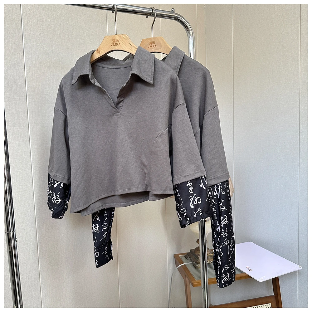 1T050  春季新款女士短款翻领拼接长袖T恤女士休闲上衣