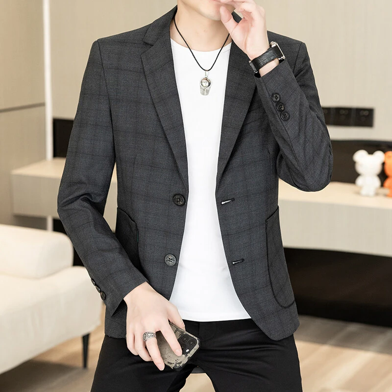 春秋季新款休闲西服男士外套高级单西上衣商务韩版格子小西装6313