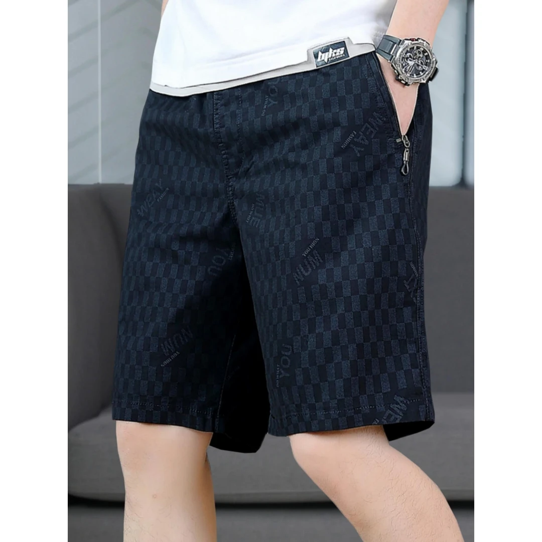 夏季黑色格子宽松五分裤男士ins潮流潮牌工装薄款运动5分休闲短裤