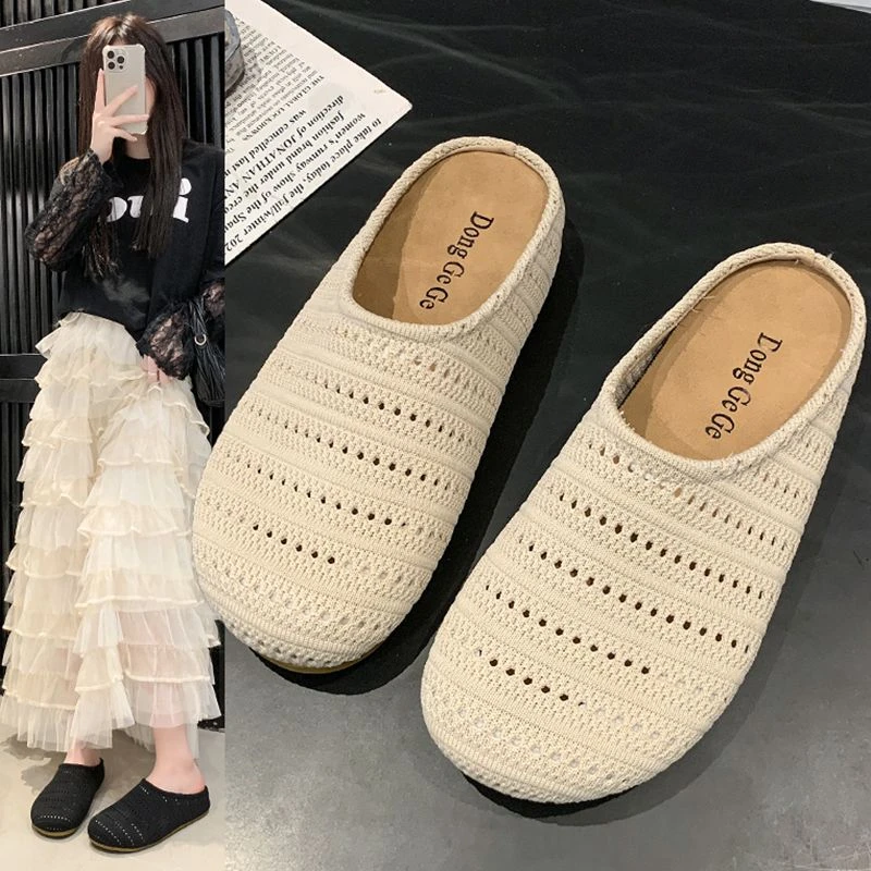 内增高包头拖编织厚底妈妈半拖鞋网红韩版软底时尚ins透气踩屎感