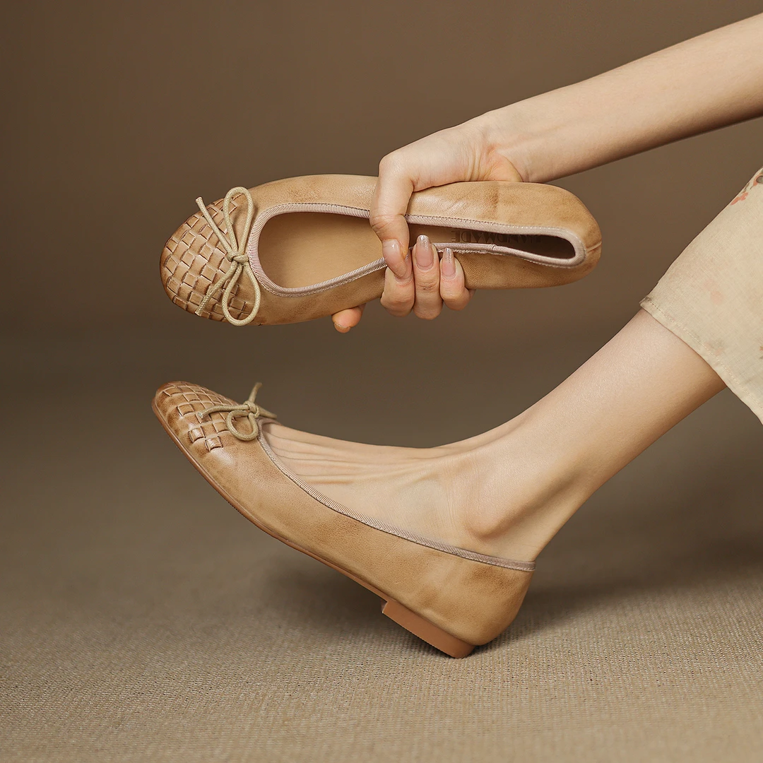 Ageless轻熟龄一脚蹬真皮奶奶鞋秋季编织法式浅口单鞋乐福鞋软底