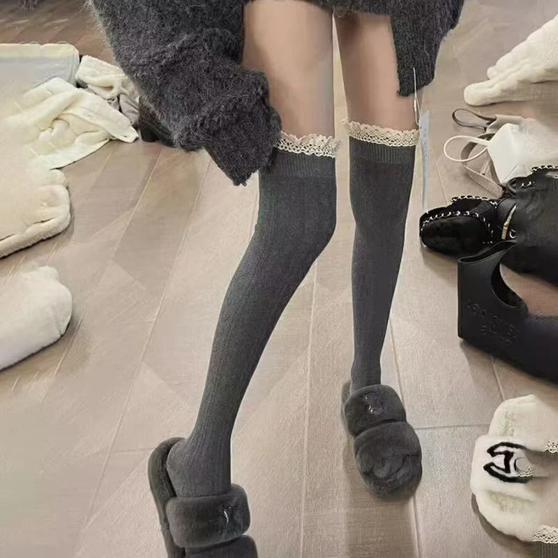 秋冬款性感蕾丝花边长筒袜灰色简约麻花显瘦ins过膝高筒靴子袜