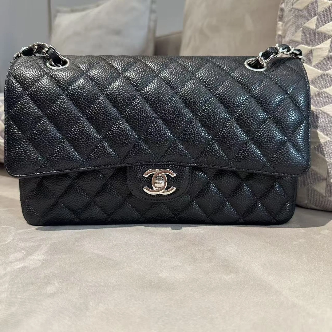 99新 Chanel/香奈儿 cf中号荔枝纹黑银时尚包/公价84000/JM0055