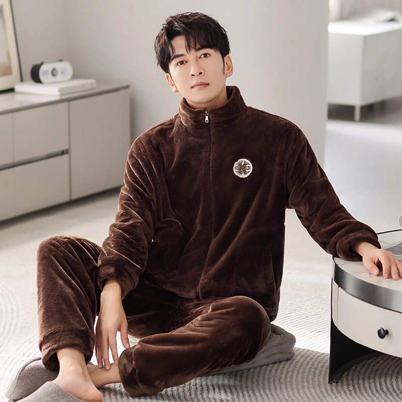 成人睡衣男新款冬季加绒加厚款法兰绒拉链运动风保暖珊瑚绒家居服