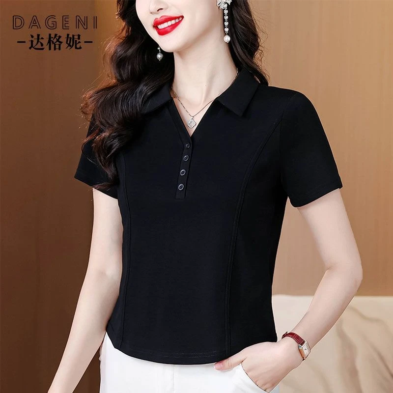 Polo领正肩短袖t恤女2025夏季新款洋气减龄打底衫女遮肚显瘦上衣