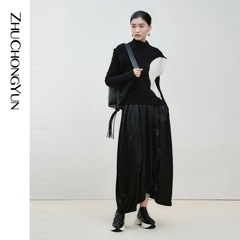 ZHUCHONGYUN2025春新款黑色不规则下摆配腰带半身裙C1FZ15072