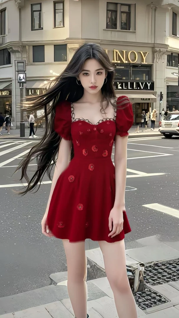 夏季新款温柔风红色桃心领收腰短袖连衣裙名媛轻奢优雅高级氛围感