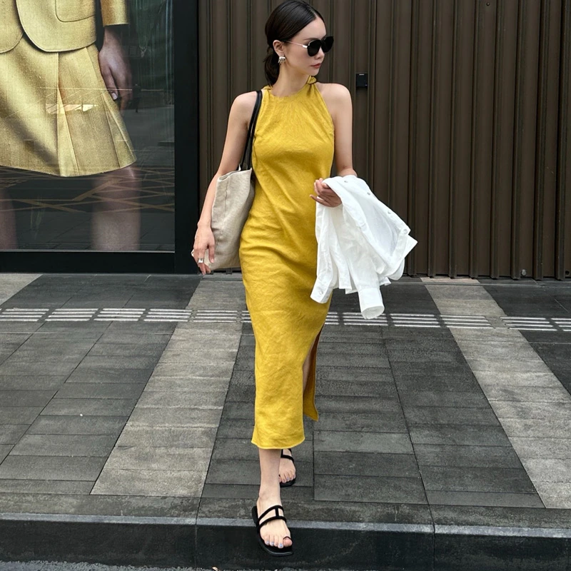 【栖谷】重磅100%亚麻斜裁修身开叉连衣裙2025新款爆款轻奢显瘦裙子