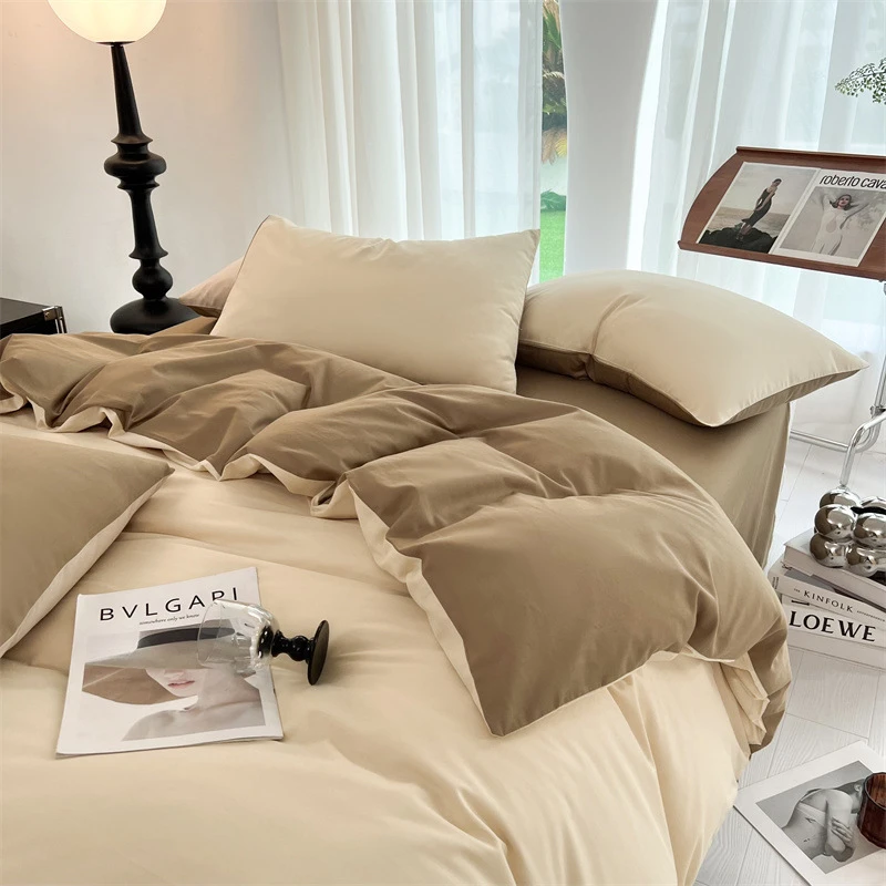2025新款全棉纯色双拼四件套简约纯棉宿舍三件套被套床单床上用品