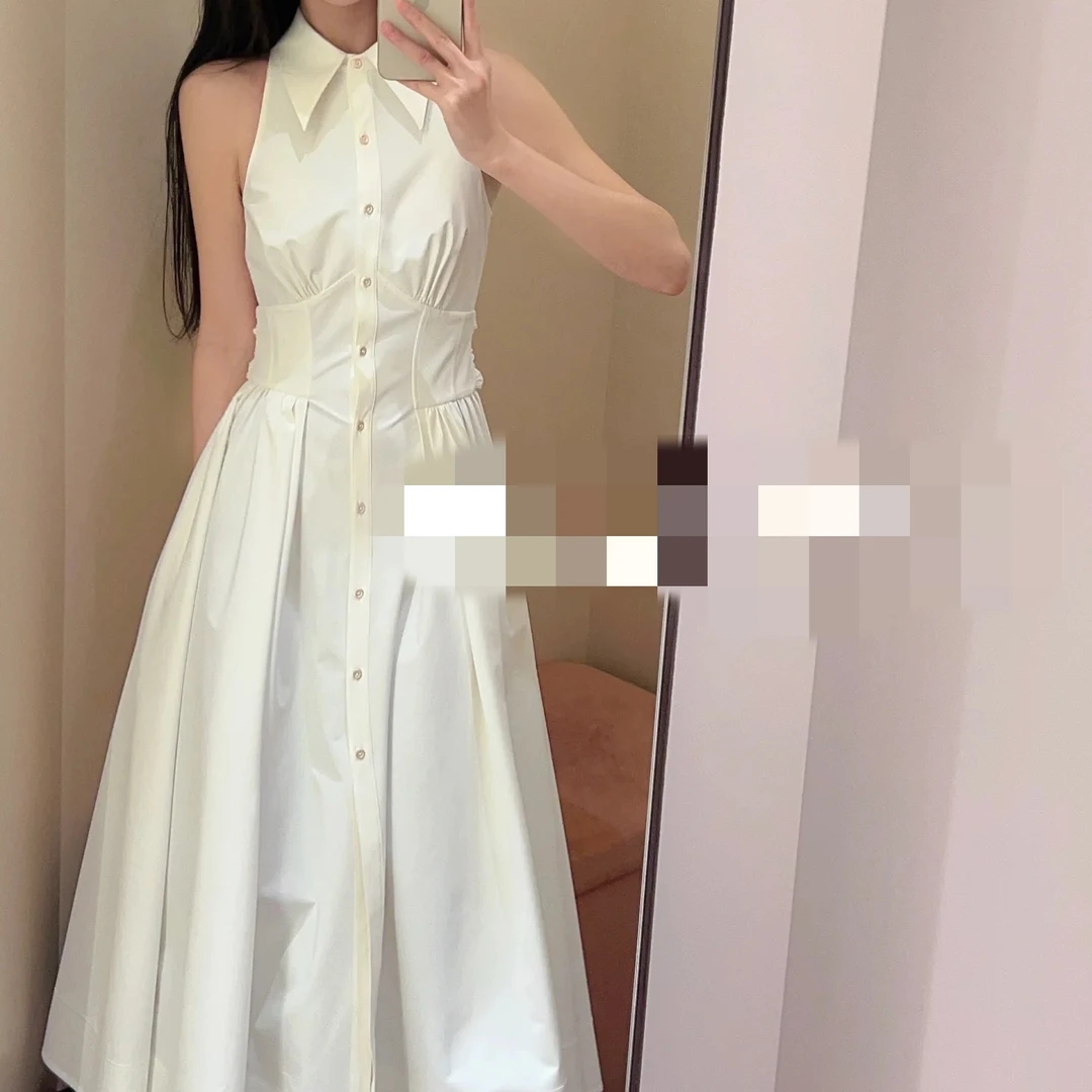 SZSALI 定制法式优雅气质白色开叉无袖翻领设计感收腰衬衫连衣裙