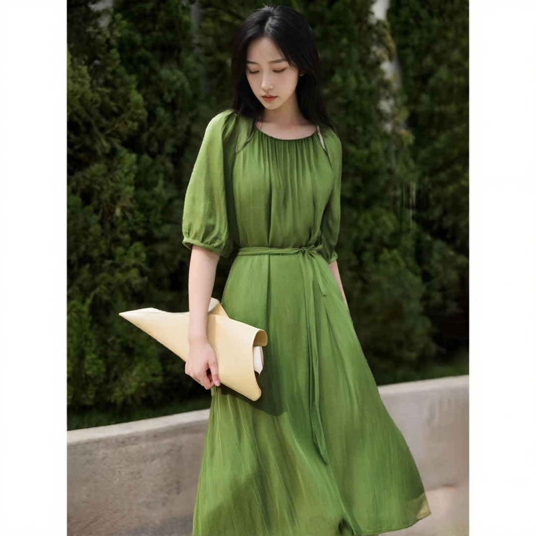 新款冠乐绉香云纱桑蚕丝宽松连衣裙气质轻奢显瘦时尚LW   L5092X