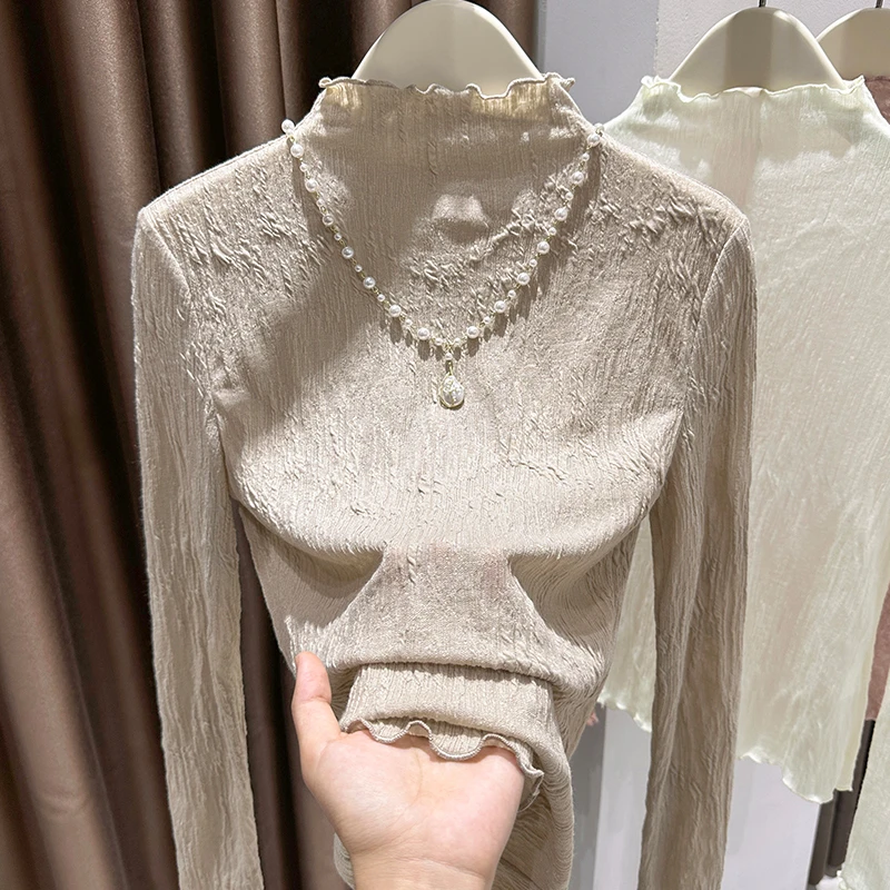 2025新款时尚纯色半高领长袖内搭上衣女秋冬款可外穿蕾丝打底衫