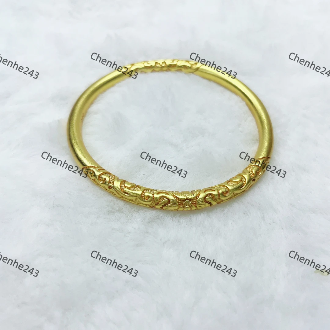 铜合金手镯 镀真金强保色卷草纹手镯女款仿真古法传承素圈实心