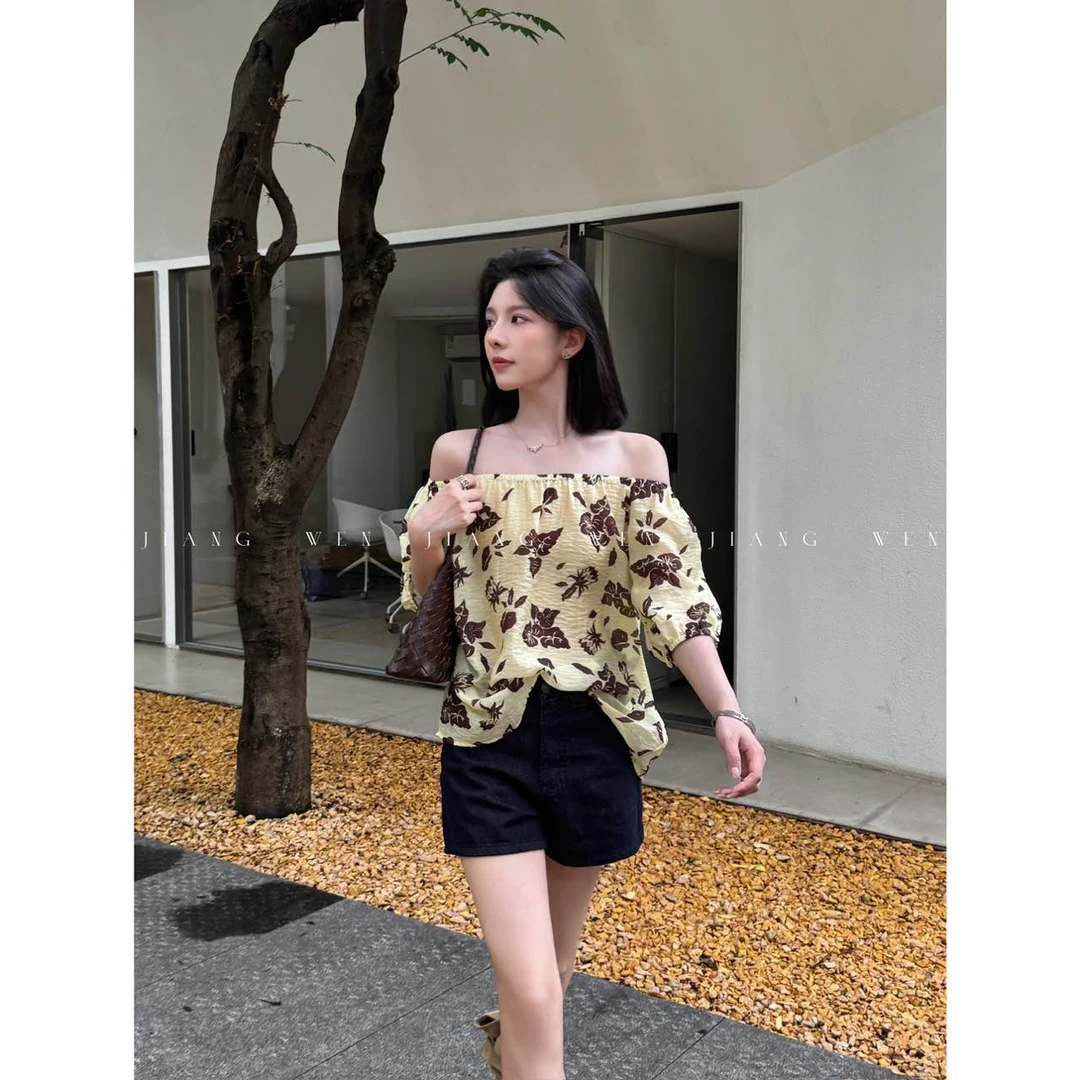 【扶桑】时尚百搭圆领一字肩印花减龄显瘦洋气衬衫