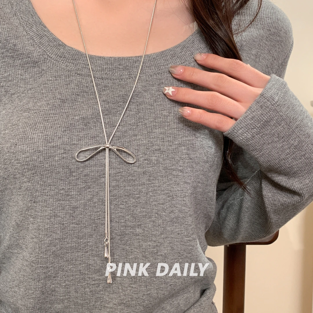Pink Daily银色蝴蝶结长款装饰链女甜美可调节毛衣链简约小众项链