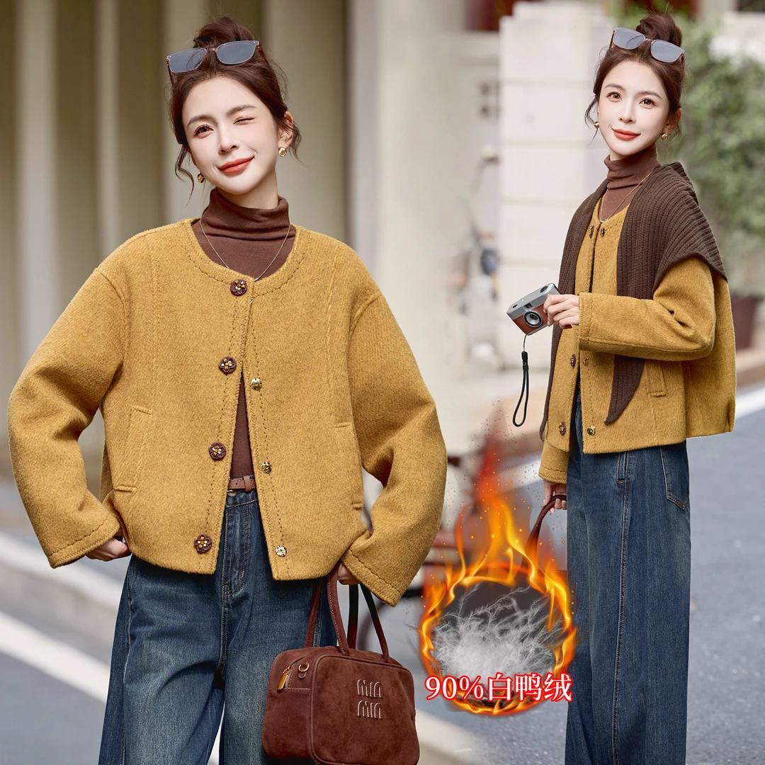 小香风披肩毛呢羽绒服女冬季2025新款小个子时尚气质爆款保暖外套