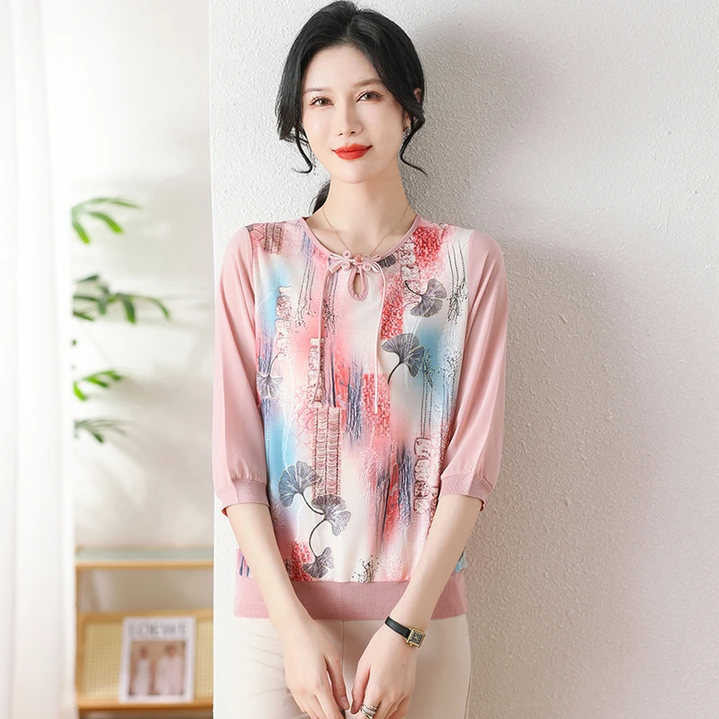 妈妈春夏装纱袖小衫洋气中袖T恤女宽松薄款冰丝打底上衣气质24809